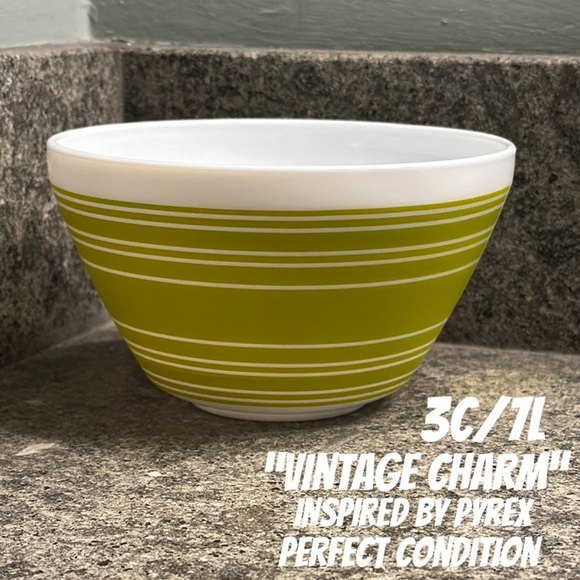 Pyrex Other - “Vintage Charm” inspired by Pyrex-3C/7L-White with Avocado Striped Matte Finish